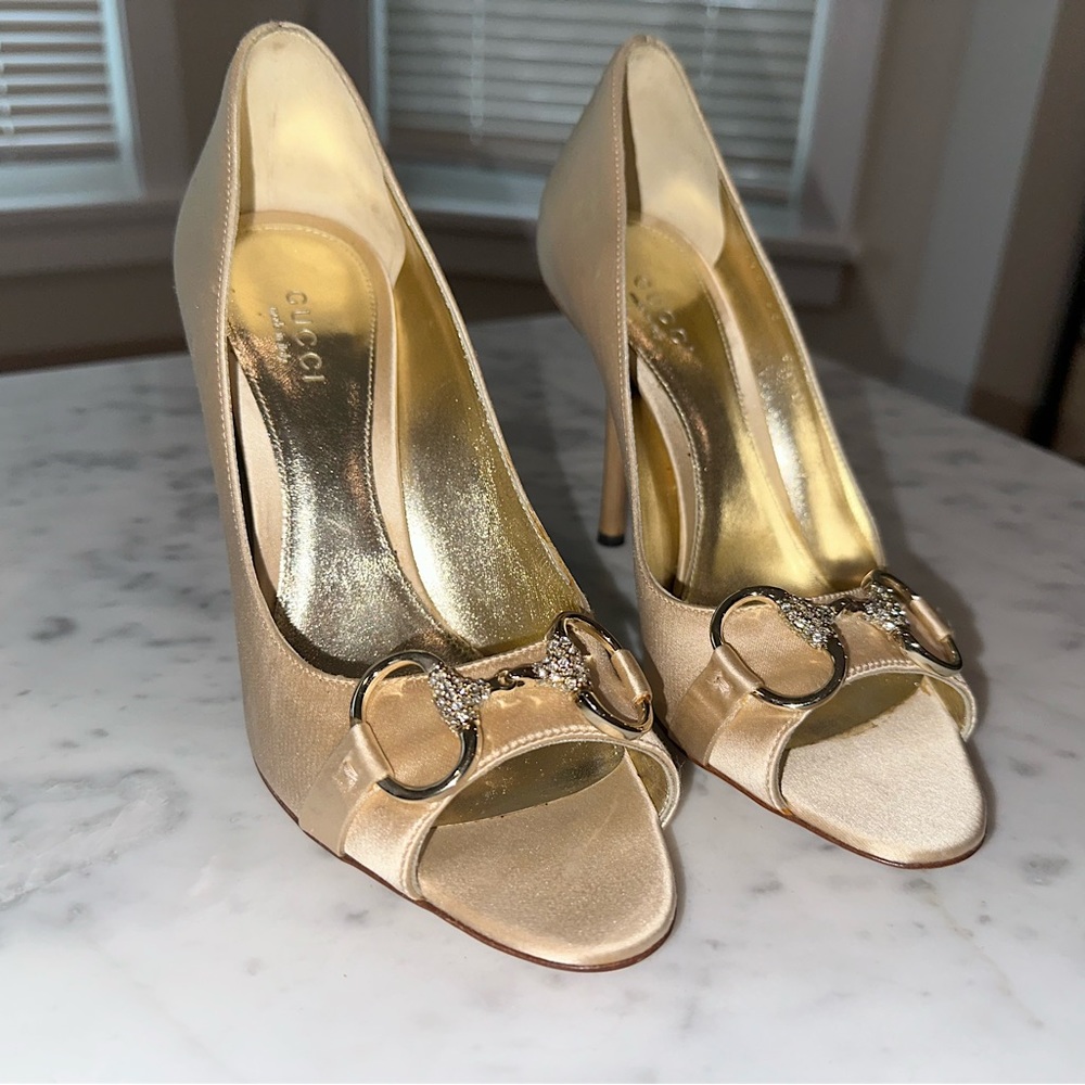 Gucci Silk Satin Peep-Toe Heels